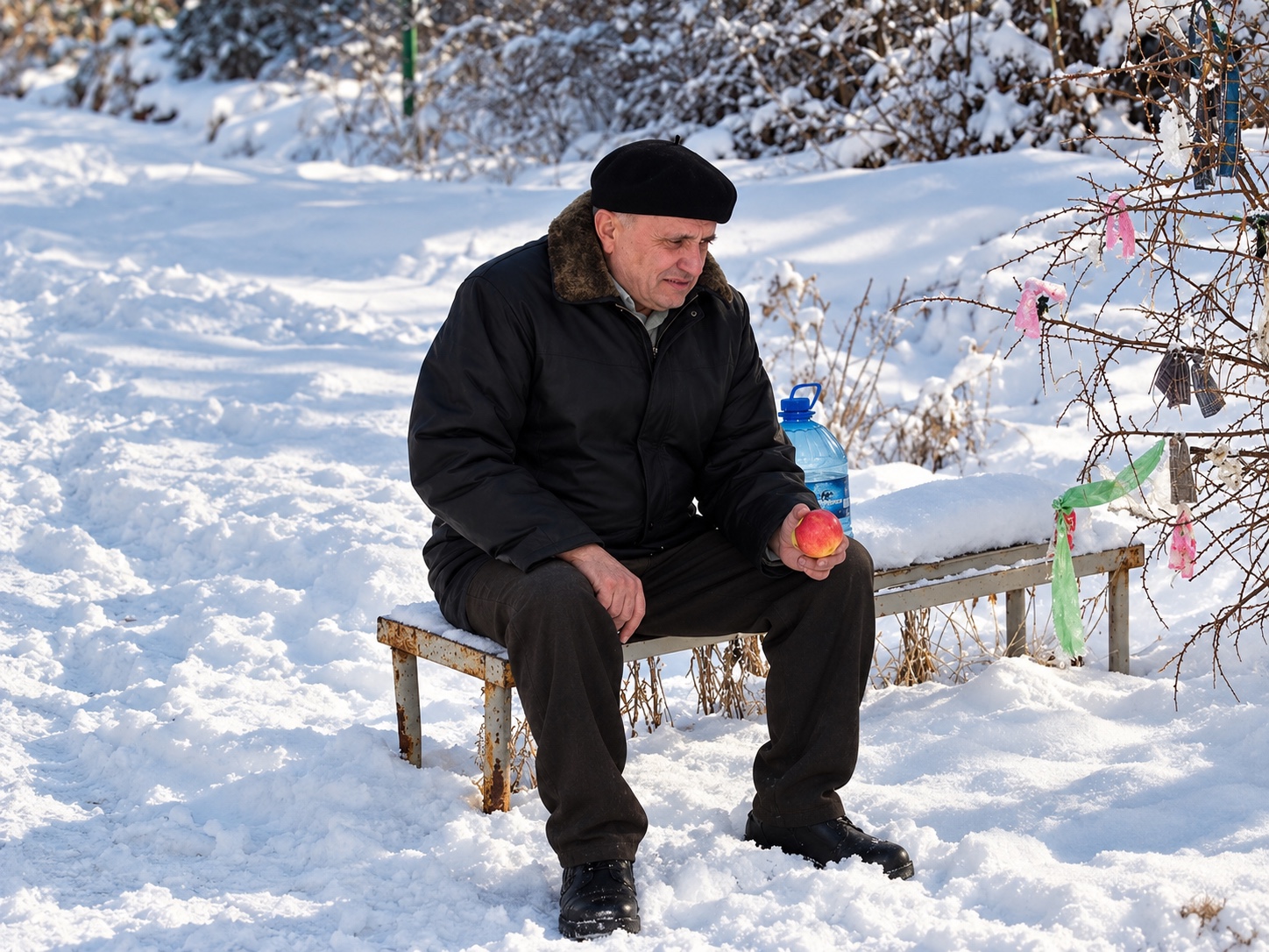 Виктор Михайлович Инюшин в зимней одежде сидит на скамье среди снега; рядом ёмкость с водой